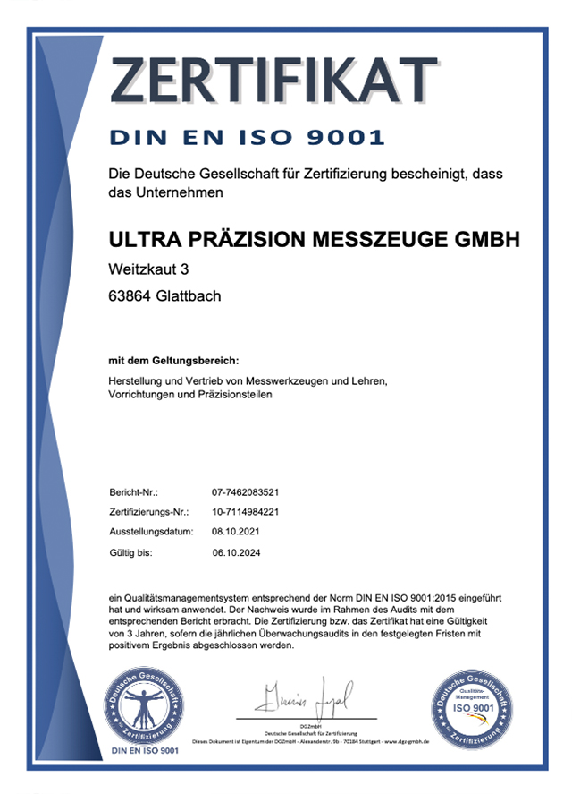 ULTRA Germany ist DIN EN ISO 9001:2015 zertifiziert. Zertifikat Reg. Nr. 10-7114984221